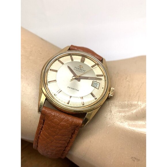 Tissot Visodate Seastar Men's Watch Swiss Manual Wind Vintage 35mm Brown Leather - Picture 5 of 13